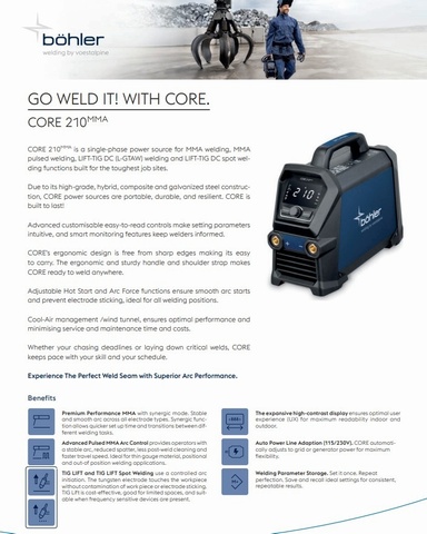 Bohler CORE 210 MMA 230V/110V Inverter Welder Package